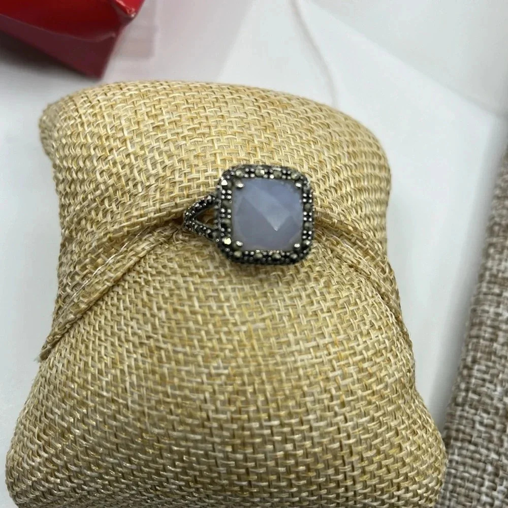 💎 Rare QVC Sterling Silver Gray Chalcedony & Marcasite Ring - Size 7 - Picture 3 of 17